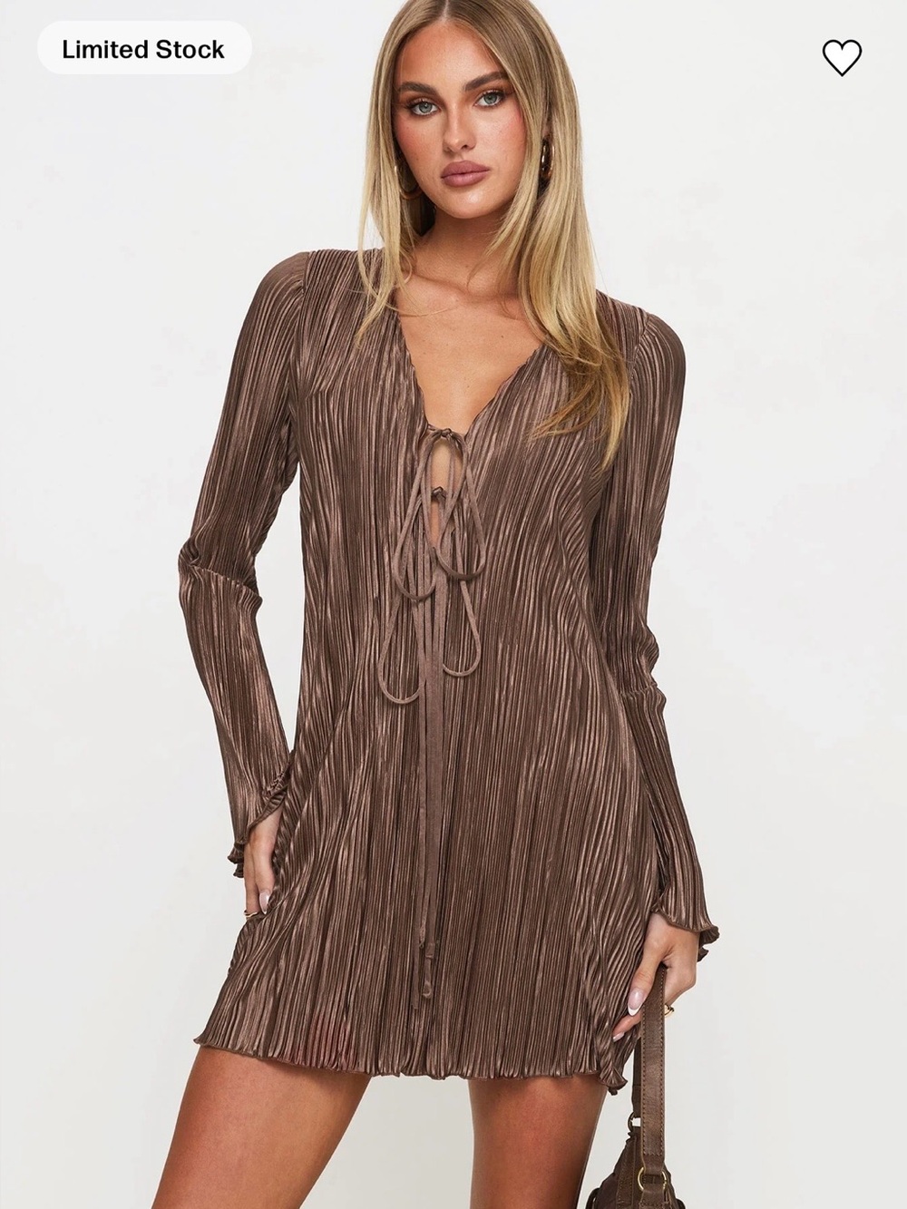 NWT Princess Polly Sz 6 Chocolate Brown Malop Long Sleeve Plisse Mini Dress $85!